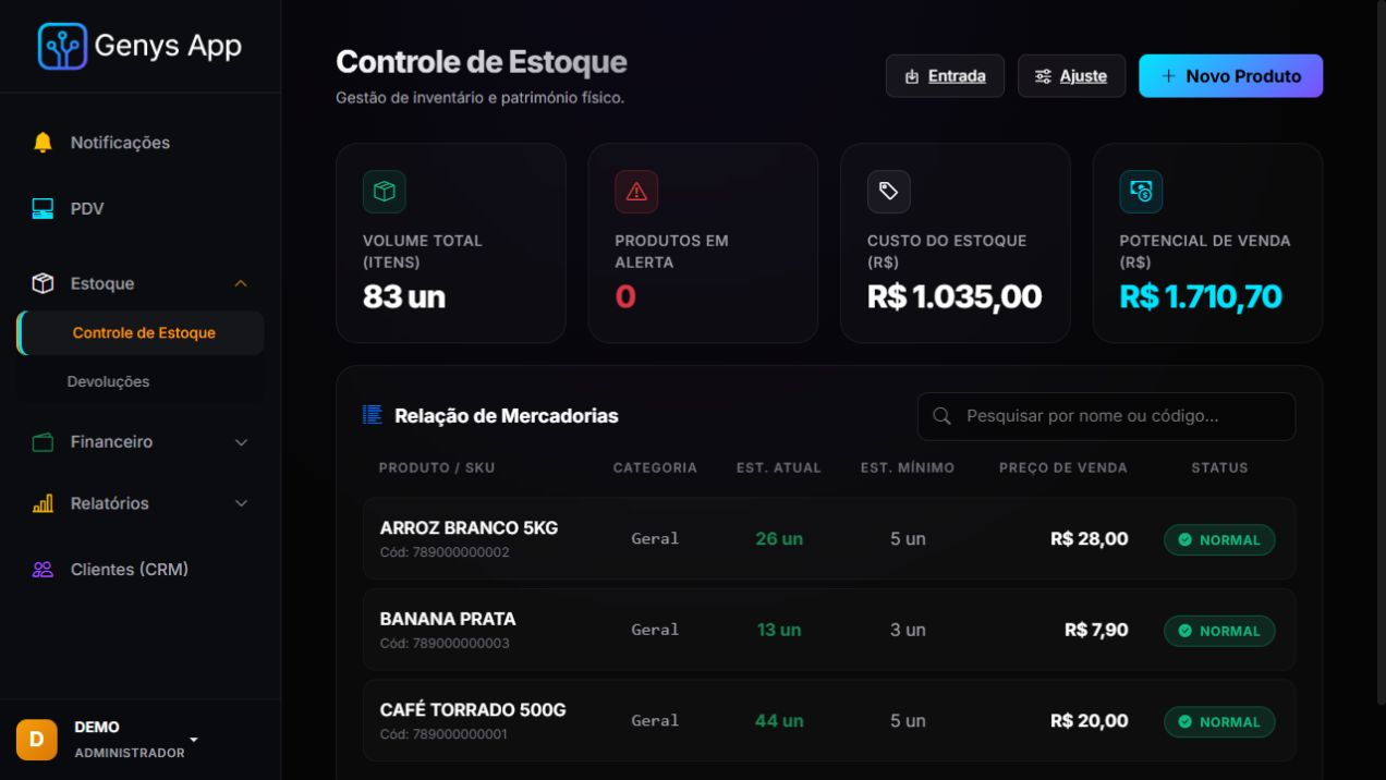 Relatório de estoque do Genys App com produtos fictícios e suas quantidades.