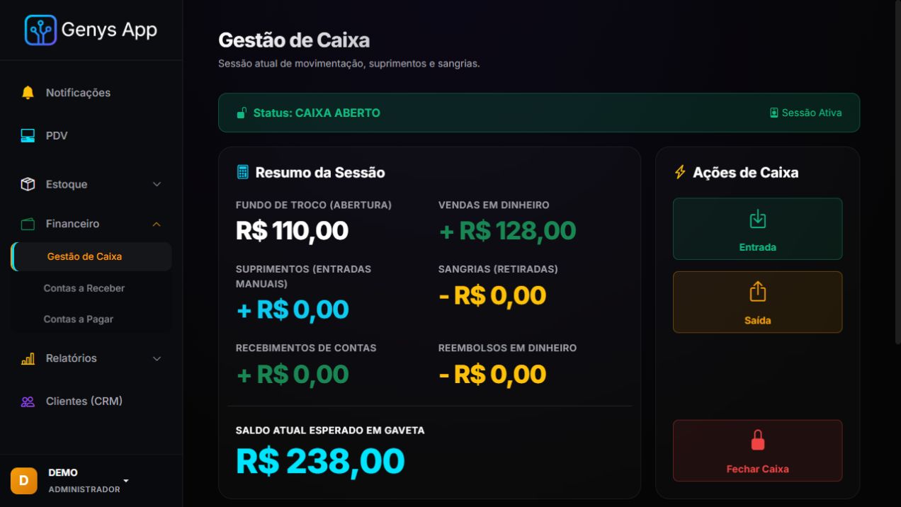 Tela real de gestão de caixa do Genys App, com resumo de entradas, saídas e saldo da loja de demonstração.
