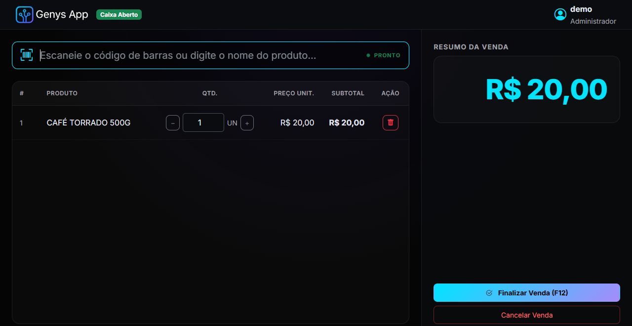 PDV do Genys App em ambiente de demonstração, com busca de produtos e resumo da venda.